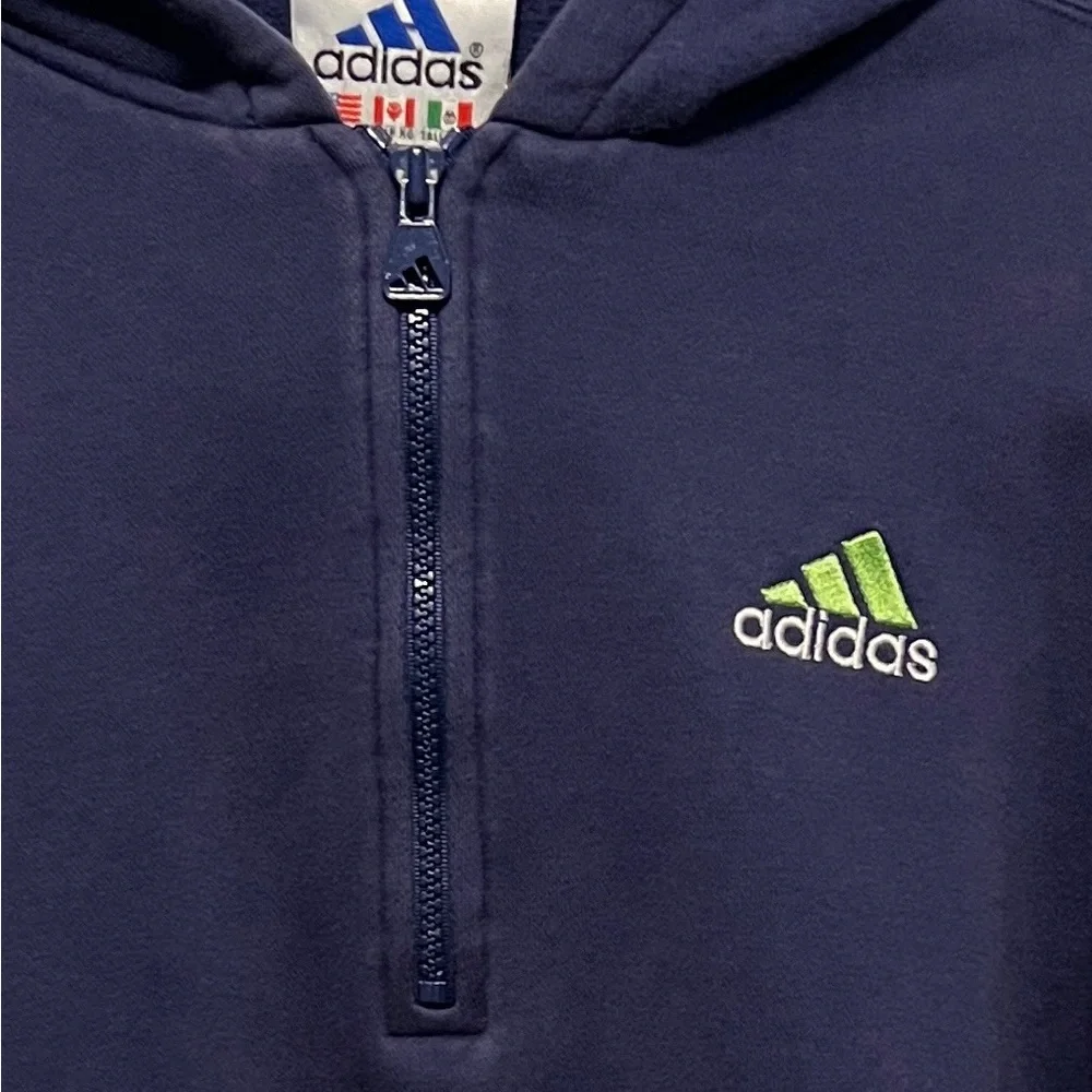 COPY - Vintage Navy Adidas 1/4 zip Hoodie with lime green logo. Split hem. Sz XL